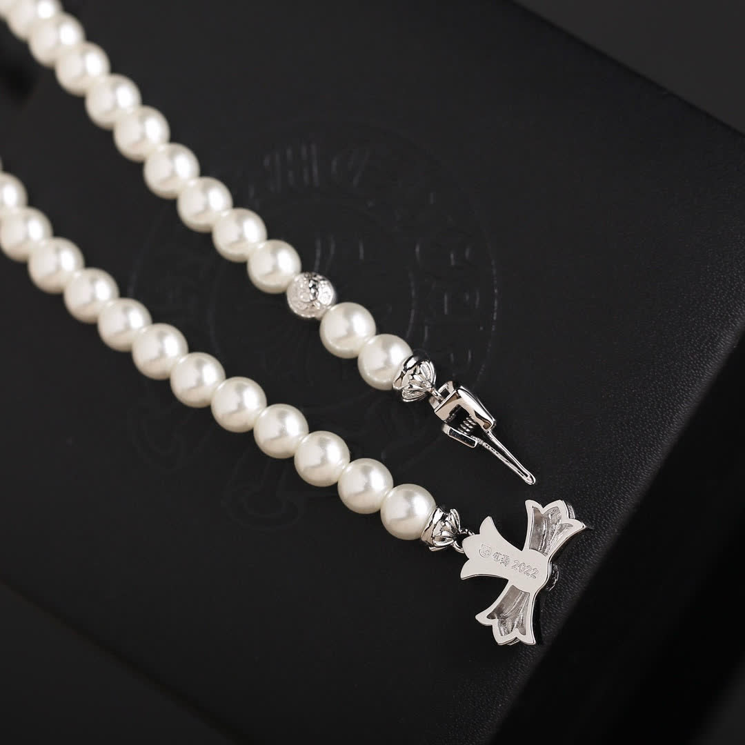 Chrome Hearts Pearl Earrings and Necklace Set